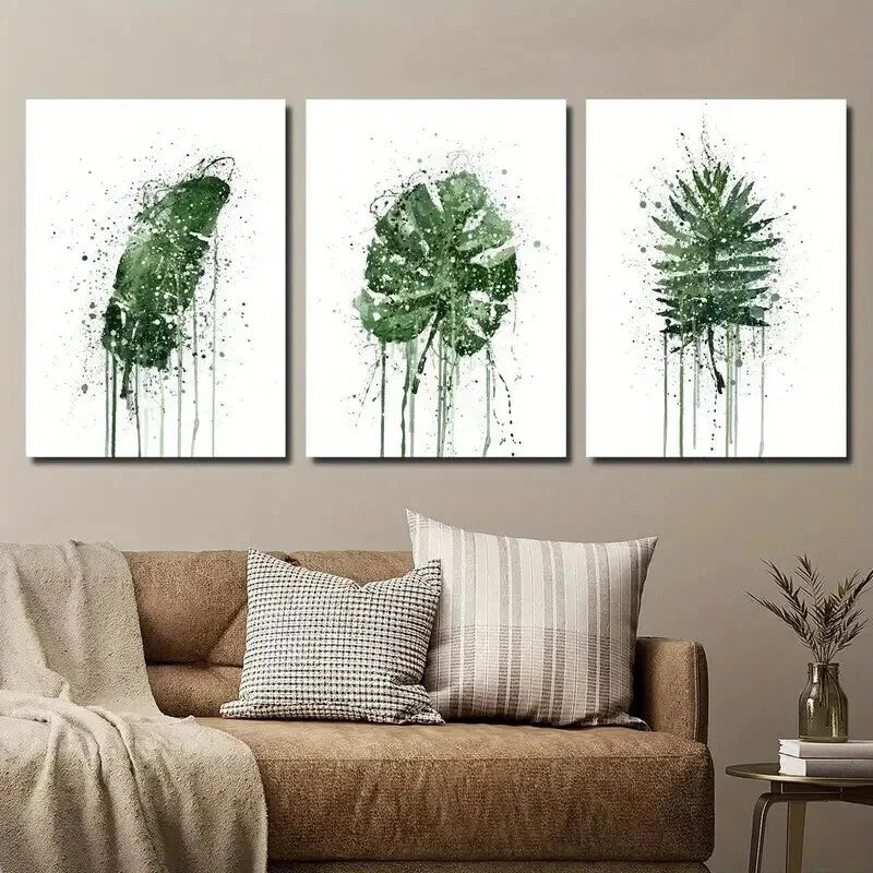 3pcs Green Leaf Mons tera & Palm Leaf Perfect Wall Art Set Canvas Framed 60x90cm - High Quality Print 100% Australian Made Wall Canvas Ready to Hang - Bella Home Decor