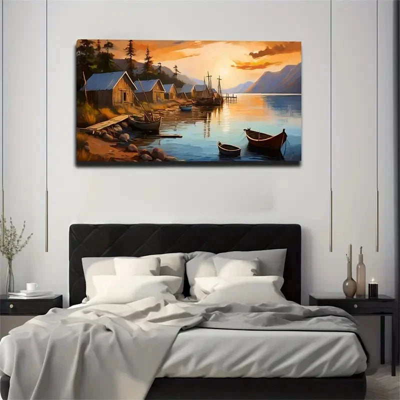 Serene Lake House & Boat Wall Art Canvas Office Home Room Framed 120x60cm