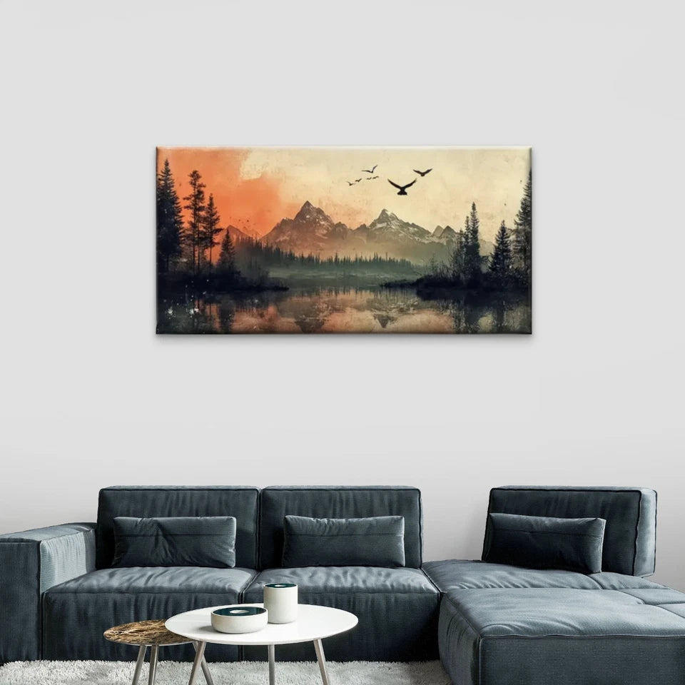 Mountain Lake Birds Forest Wall Art Canvas Office Home Room Framed 120x60cm