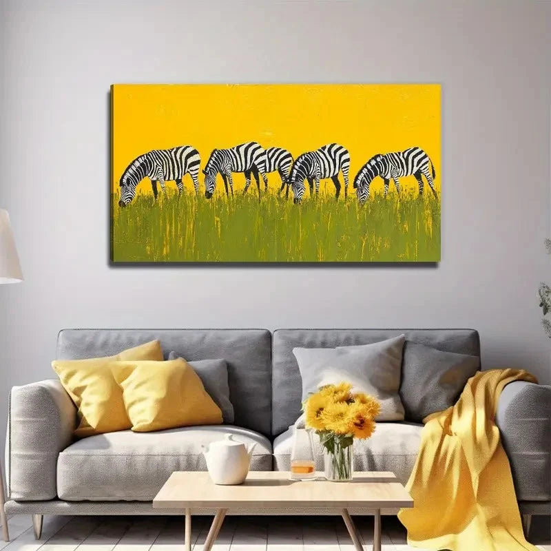 Zebra Grassland Yellow Wall Art Canvas Office Home Room Framed 120x60cm