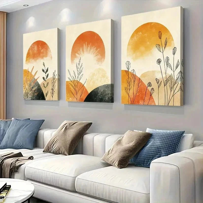 3pcs Sunset & Earthy Plant Pattern Wall Art Set Canvas Framed 60x90cm - High Quality Print 100% Australian Made Wall Canvas Ready to Hang