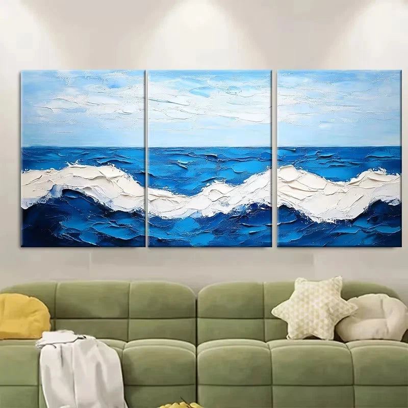 3pcs Blue Sea Landscape Abstract White Wave Wall Art Set Canvas Framed 40x60cm - High Quality Print 100% Australian Made Wall Canvas Ready to Hang - Bella Home Decor