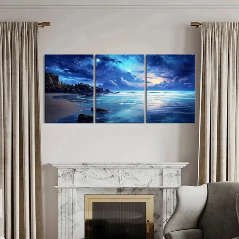 3pcs Fantasy Landscape Art Starry Sky Beach Wall Art Canvas Unframed - High Quality Print 100% Australian Made Wall Canvas
