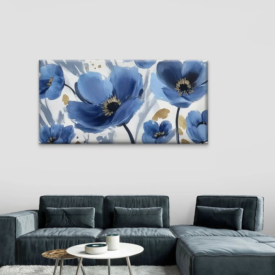 Blue Flowers On A White Wall Art Canvas Office Home Room Framed 120x60cm