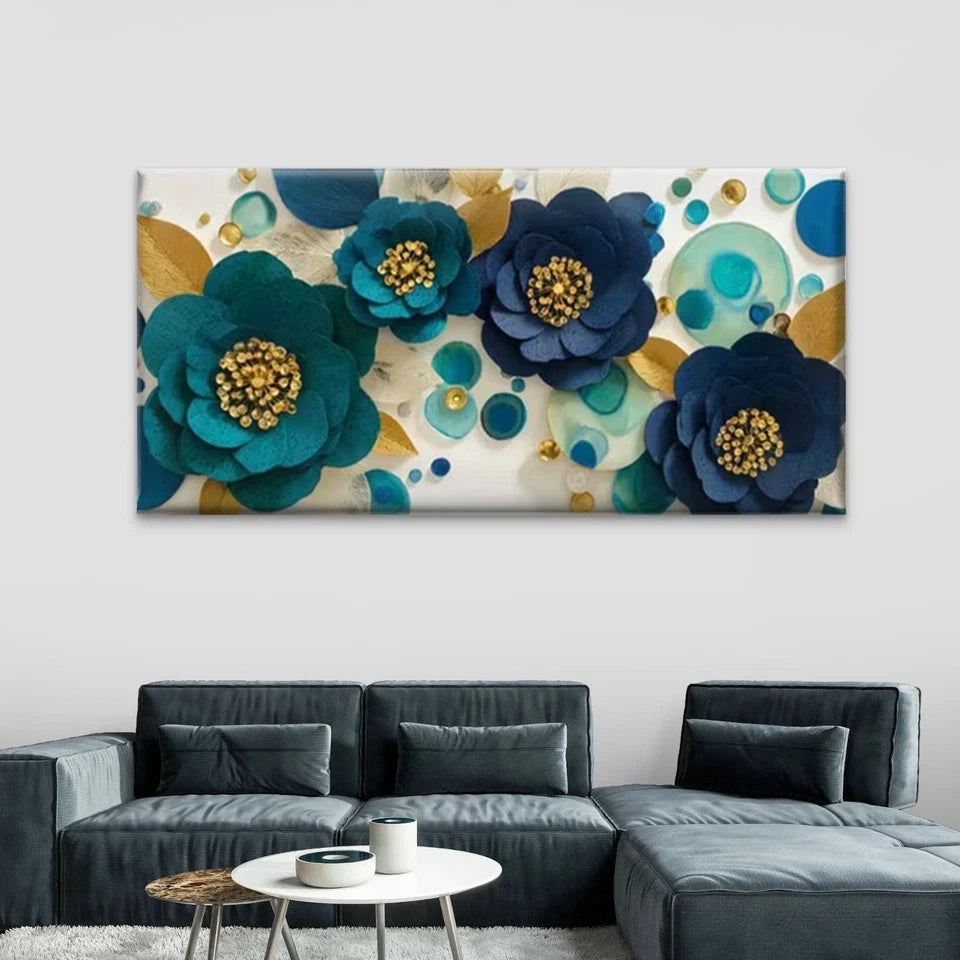 Floral Navy & Golden Accent Wall Art Canvas Office Home Room Framed 120x60cm