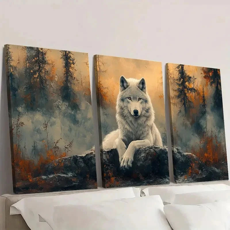 3pcs White Wolf Ancient Forest Scene with Vivid Wall Art Set Canvas Framed 40x60cm - High Quality Print 100% Australian Made Wall Canvas Ready to Hang
