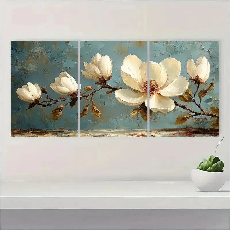 3pcs Abstract Magnolia Flower White Floral Metal Print Ready to Hang Art