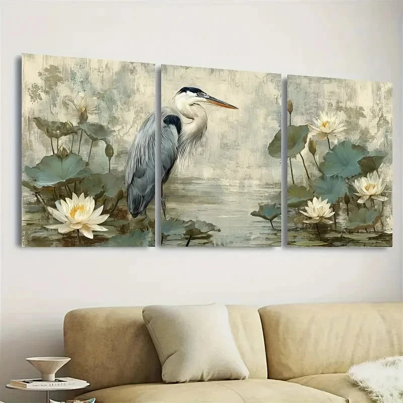3pcs Blue Heron and for Lotus Graceful Bird Wall Art Set Canvas Framed 60x90cm - High Quality Print 100% Australian Made Wall Canvas Ready to Hang - Bella Home Decor