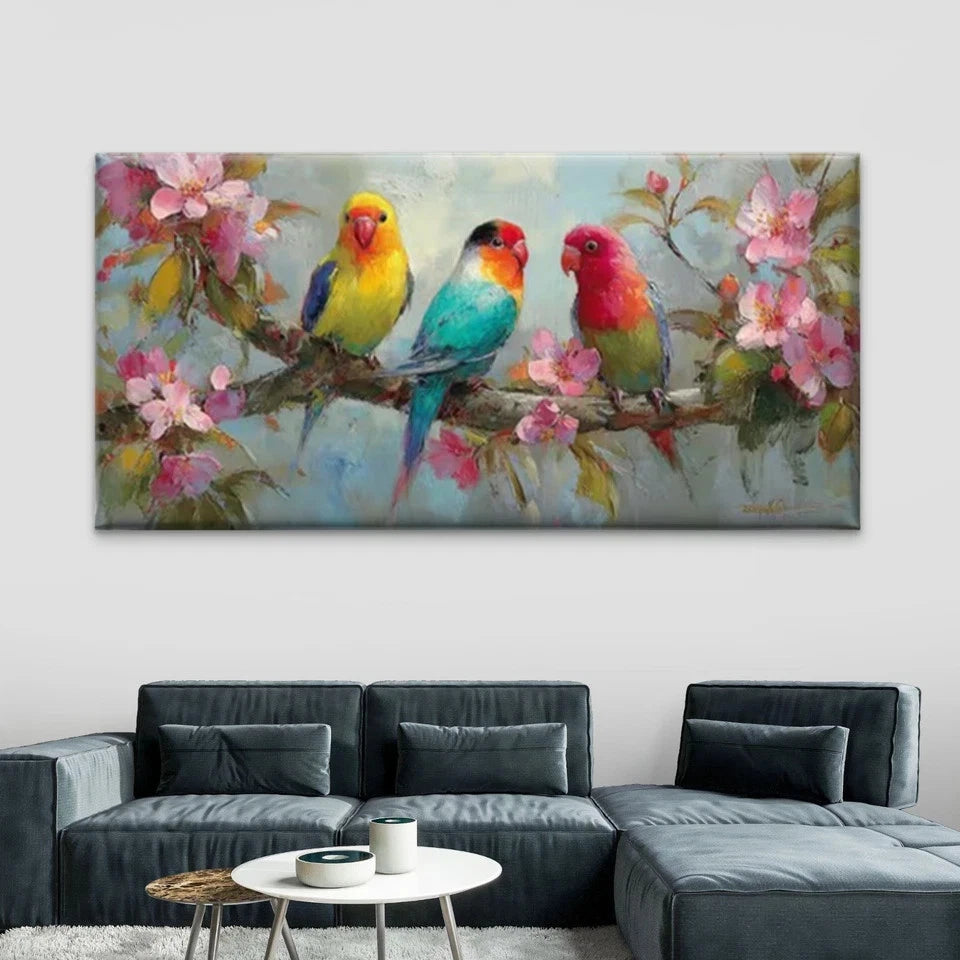 Blooming Flowers & Parrots Wall Art Canvas Office Home Room Framed 120x60cm