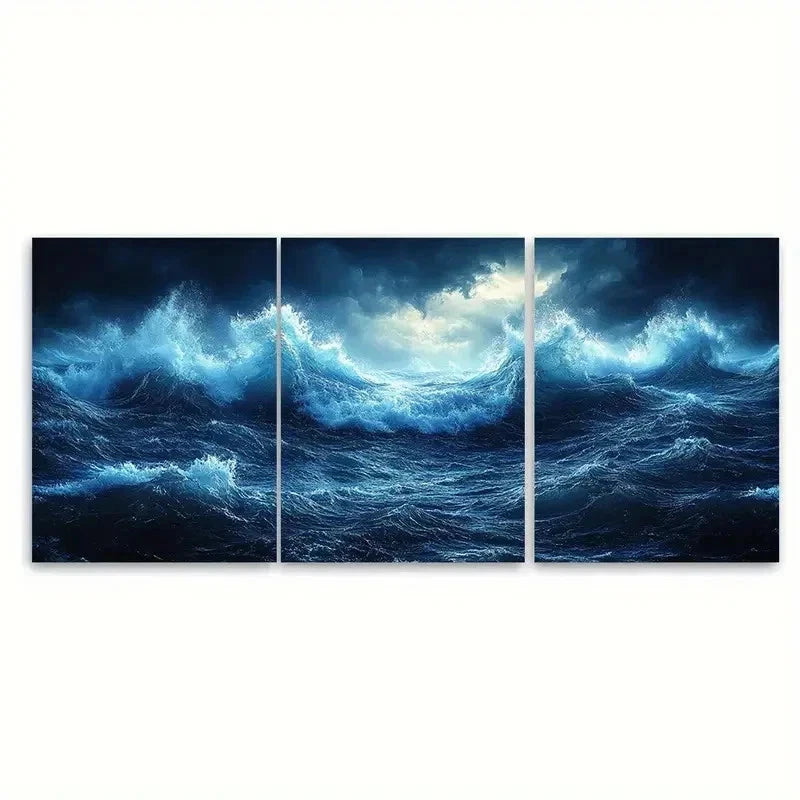 3pcs Sea Foam Waves Storm Seascape VB Wall Art Set Canvas Framed 60x90cm - High Quality Print 100% Australian Made Wall Canvas Ready to Hang