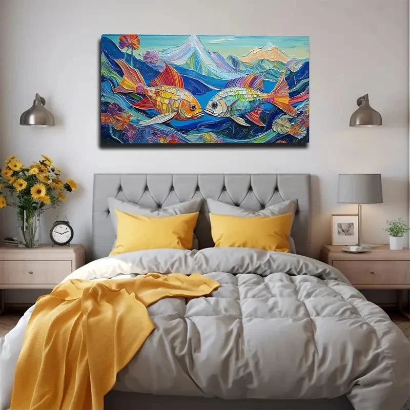 Vibrant Two Fish Wall Art Canvas Office Home Room Framed 120x60cm