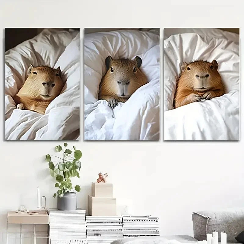 3pcs Whimsical Capybara Selfie Corrido Wall Art Canvas Framed 60x90cm - High Quality Print 100% Australian Made Wall Canvas Ready to Hang