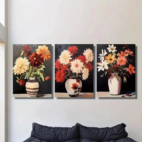 3pcs Colorful Red Orange White Flowers in Vases Wall Art Set Canvas Unframed - High Quality Print 100% Australian Made Wall Canvas - Bella Home Decor