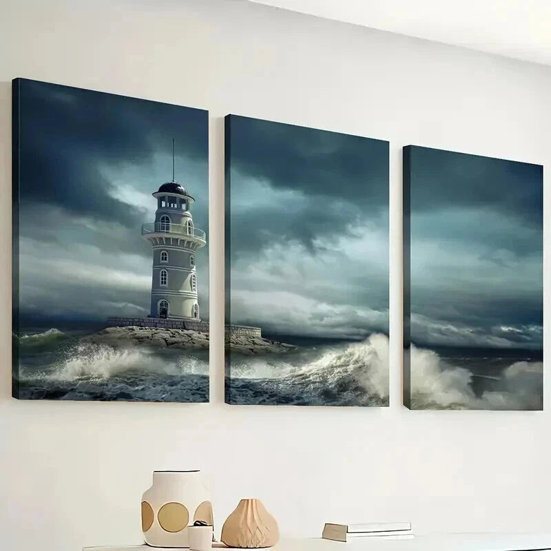 3pcs Ocean Lighthouse Triptych Waves Perfect Wall Art Set Canvas Framed 60x90cm - High Quality Print 100% Australian Made Wall Canvas Ready to Hang - Bella Home Decor