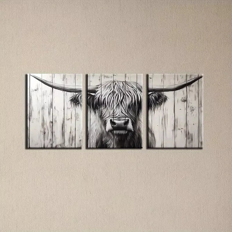 3pcs Friendly Vintage Style Highland Cattle Wall Art Set Canvas Framed 50x70cm - High Quality Print 100% Australian Made Wall Canvas Ready to Hang