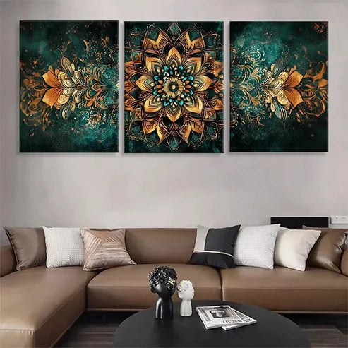 3pcs Golden Mandala Geometric Panel Wall Art Canvas Unframed - High Quality Print 100% Australian Made Wall Canvas - Bella Home Decor