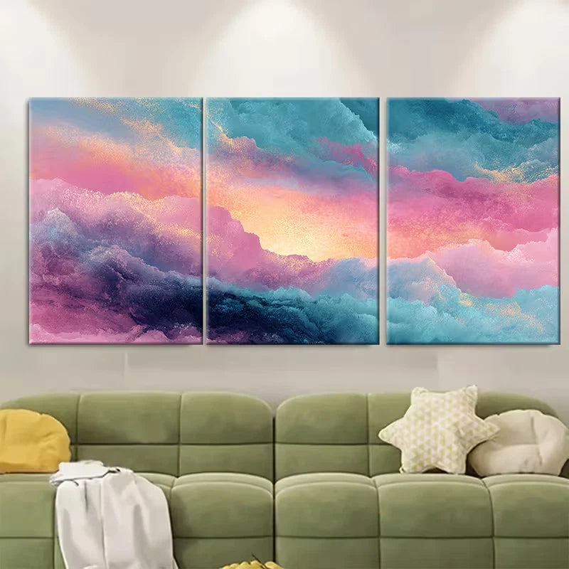 3pcs Pink Coastal Watercolor Depicting Ocean Sunse Metal Print Ready to Hang Art