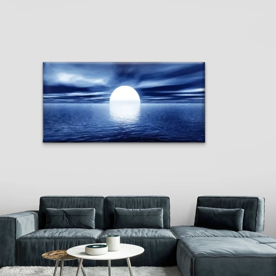 Ocean Moon Blue Perfect Wall Art Canvas Office Home Room Framed 120x60cm