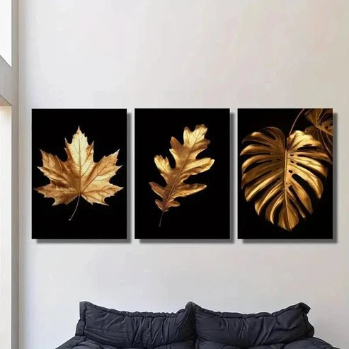 3pcs Classic Golden Leaves Decoration Wall Art Canvas Unframed - High Quality Print 100% Australian Made Wall Canvas