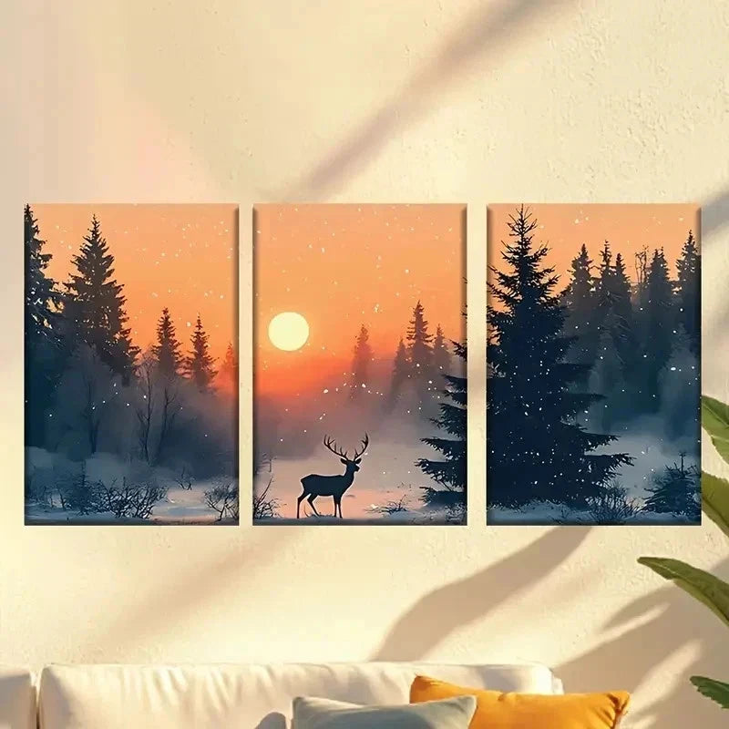 3pcs Enchanted Forest Scene with Deer and Sunset Wall Art Set Canvas Framed 50x70cm - High Quality Print 100% Australian Made Wall Canvas Ready to Hang