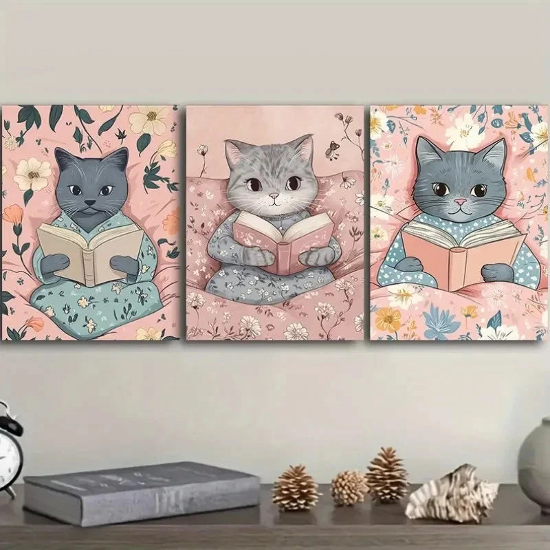 3pcs Cat reads Wall Art Set Canvas Framed 50x70cm - High Quality Print 100% Australian Made Wall Canvas Ready to Hang - Bella Home Decor
