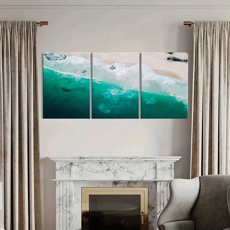3pcs Turquoise Waves & Sandy Beach Wall Art Set Canvas Framed 60x90cm - High Quality Print 100% Australian Made Wall Canvas Ready to Hang - Bella Home Decor
