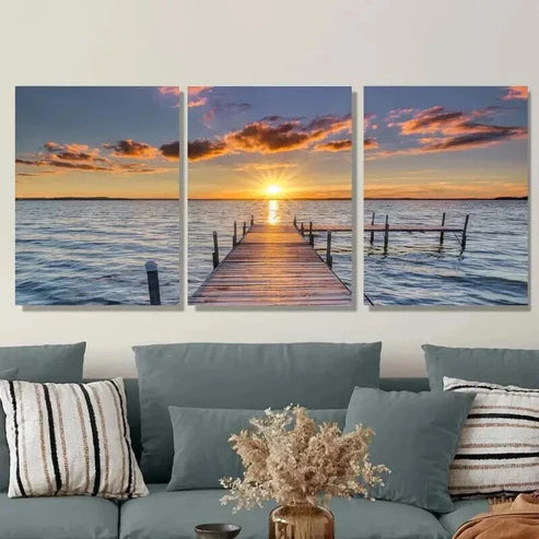 3pcs Sunset Dock Paintings Sky Wall Art Set Canvas Unframed - High Quality Print 100% Australian Made Wall Canvas
