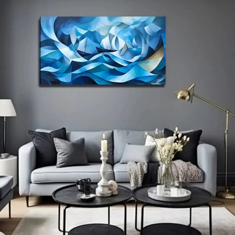 Blue Abstract Cave Perfect Wall Art Canvas Office Home Room Framed 120x60cm