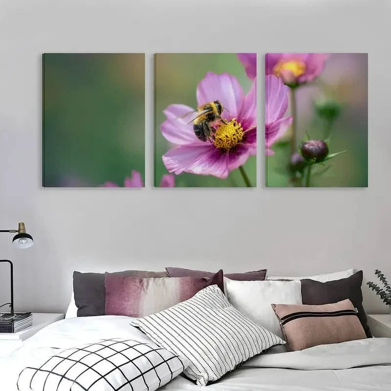 3pcs Bee on the Flower of a Pink Cosmos Plant Wall Art Set Canvas Framed 50x70cm - High Quality Print 100% Australian Made Wall Canvas Ready to Hang - Bella Home Decor