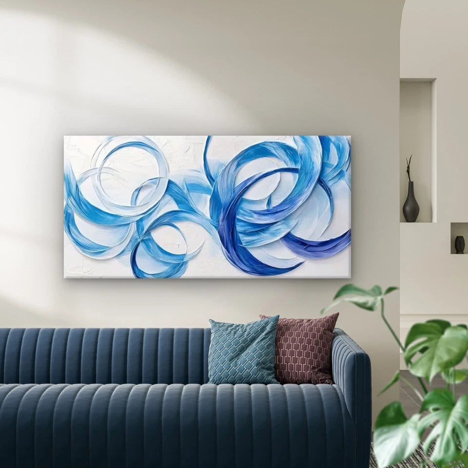Modern Blue Swirls Abstract Wall Art Canvas Office Home Room Framed 120x60cm