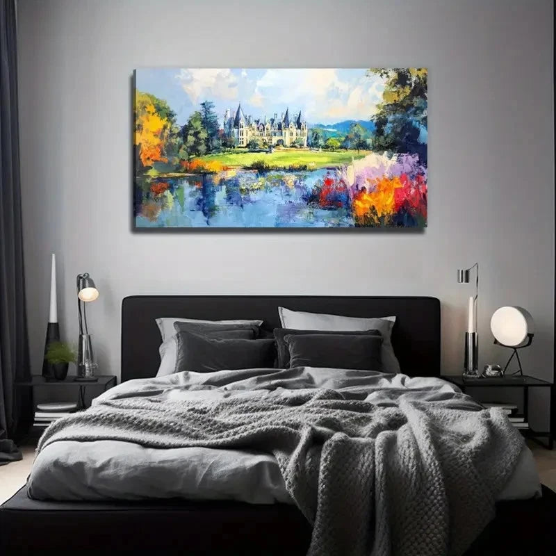 Bohemian Castle Lake Scene Wall Art Canvas Office Home Room Framed 120x60cm