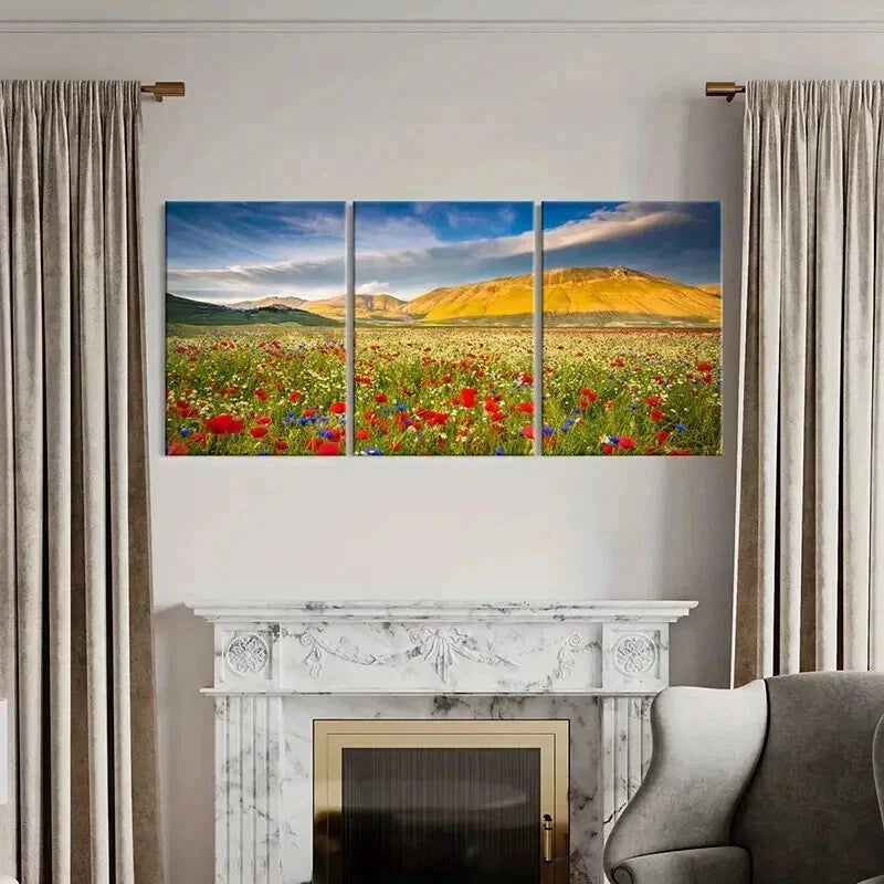 3pcs Mountain Flower Field Modern Decoration Wall Art Set Canvas Framed 60x90cm - High Quality Print 100% Australian Made Wall Canvas Ready to Hang - Bella Home Decor