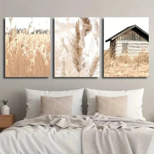 3pcs Rustic House & Reed Fields Landscape Wall Art Canvas Unframed - High Quality Print 100% Australian Made Wall Canvas