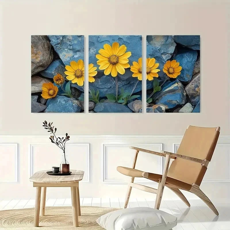 3pcs Yellow Brittlebush Flower Plant Perfect Wall Art Set Canvas Framed 50x70cm - High Quality Print 100% Australian Made Wall Canvas Ready to Hang