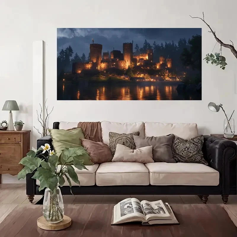 Medieval Castle Night Scene Wall Art Canvas Office Home Room Framed 120x60cm