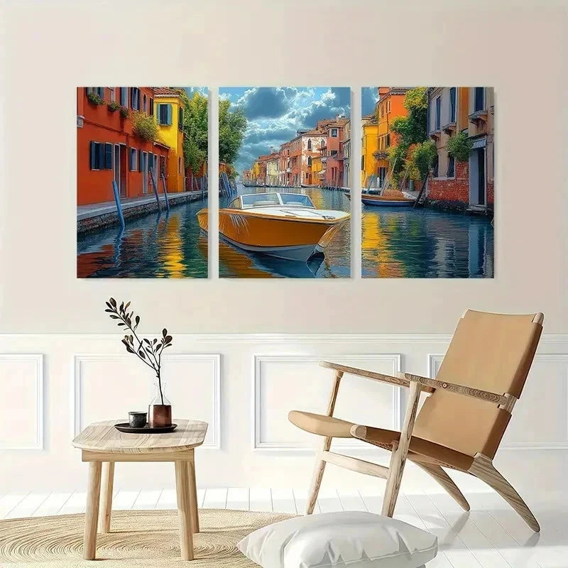 3pcs Venice Canal Colorful Waterfront Perfect Wall Art Set Canvas Framed 60x90cm - High Quality Print 100% Australian Made Wall Canvas Ready to Hang