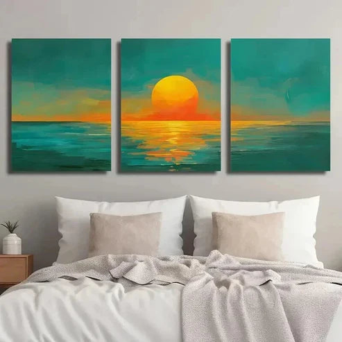 3pcs Bold Turquoise And Orange Sunset Wall Art Set Canvas Unframed - High Quality Print 100% Australian Made Wall Canvas - Bella Home Decor