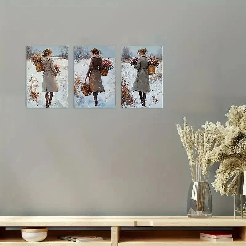 3pcs Vintage Winter Forest Beautiful Girl Wall Art Set Canvas Framed 50x70cm - High Quality Print 100% Australian Made Wall Canvas Ready to Hang