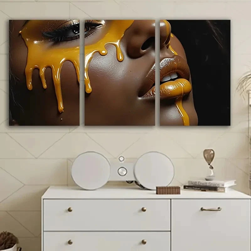 3pcs Woman With Golden Dripping Makeup Wall Art Set Canvas Framed 50x70cm - High Quality Print 100% Australian Made Wall Canvas Ready to Hang