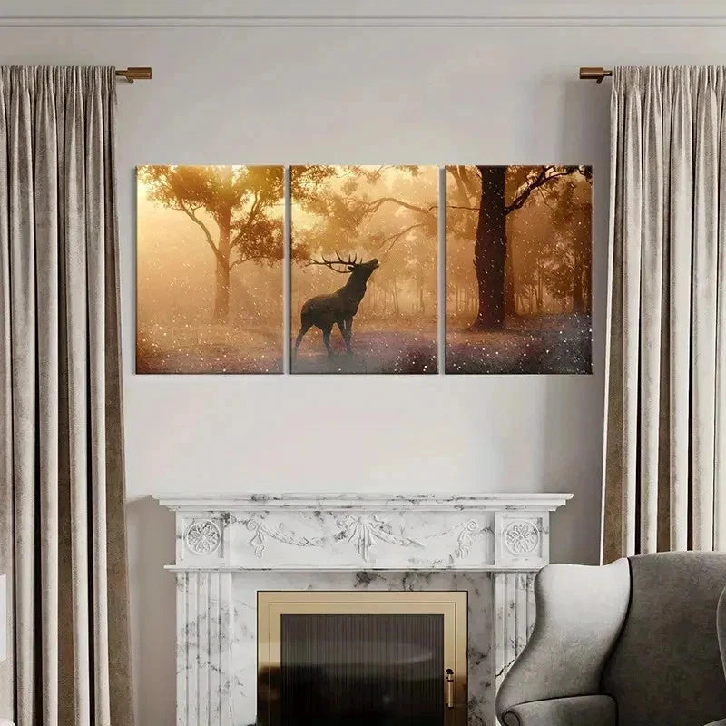 3pcs Sunlight Shining Into The Forest & Elk Wall Art Set Canvas Framed 60x90cm - High Quality Print 100% Australian Made Wall Canvas Ready to Hang