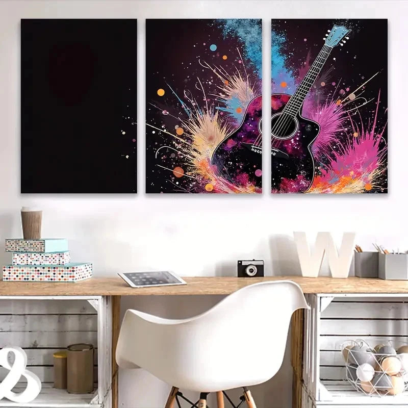 3pcs Vibrant Guitar Paint Splatter Wall Art Set Canvas Framed 50x70cm - High Quality Print 100% Australian Made Wall Canvas Ready to Hang