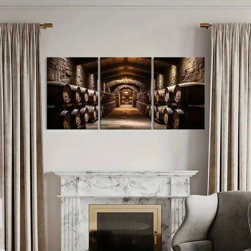 3pcs Wine Barrels Stone Walls Decoration Wall Art Set Canvas Framed 50x70cm - High Quality Print 100% Australian Made Wall Canvas Ready to Hang - Bella Home Decor