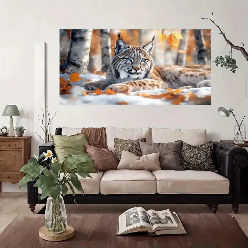 Winter Lynx Snowy Forest Wall Art Canvas Office Home Room Framed 120x60cm