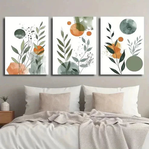 3pcs Nordic Green & Orange Botanical Leaf Wall Art Set Canvas Unframed - High Quality Print 100% Australian Made Wall Canvas