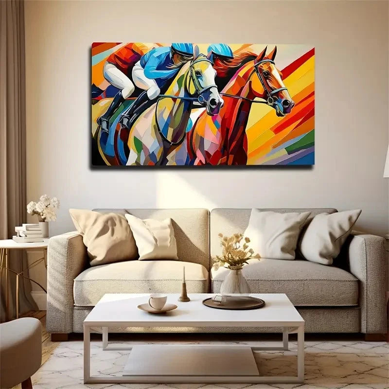 Racehorse Rider Bright Color Wall Art Canvas Office Home Room Framed 120x60cm