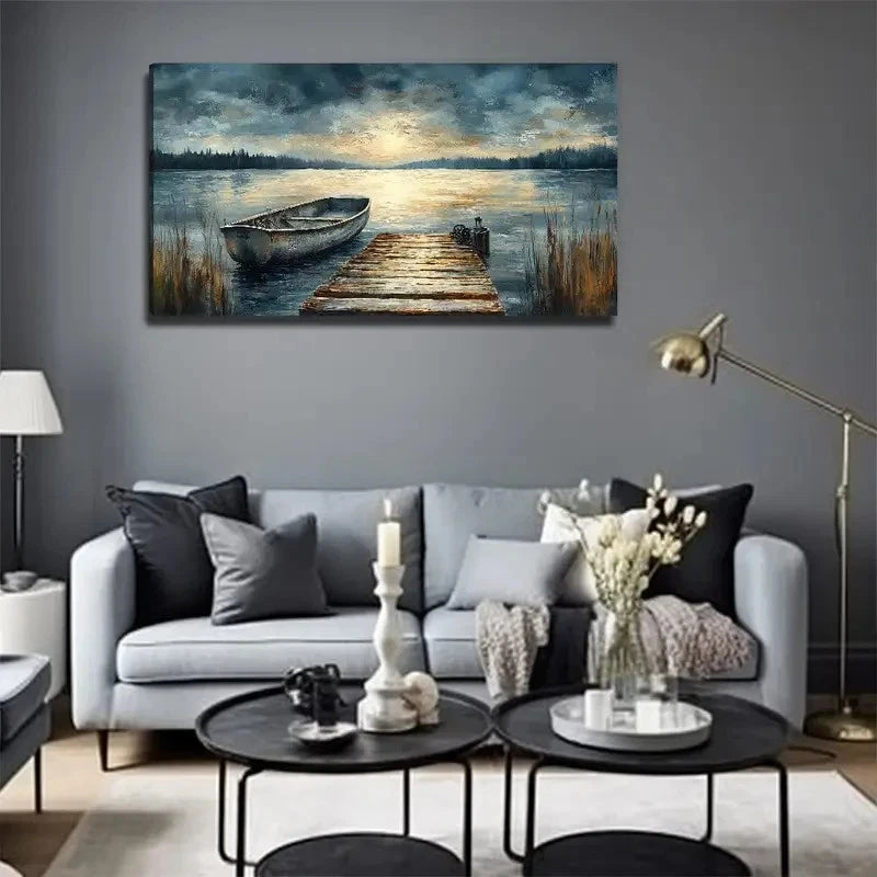 Large Modern Lakeside Painting Wall Art Canvas Office Home Room Framed 120x60cm