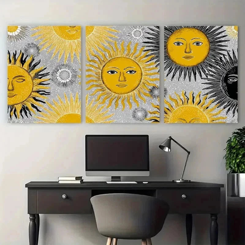 3pcs Vibrant Yellow Suns With Black & Perfect Wall Art Set Canvas Framed 50x70cm - High Quality Print 100% Australian Made Wall Canvas Ready to Hang