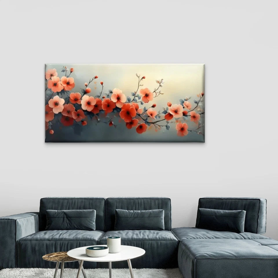 Orange Flowers Blue Background Wall Art Canvas Office Home Room Framed 120x60cm