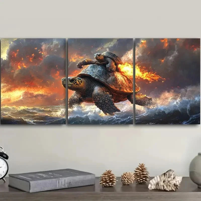 3pcs Two Turtles Ride The Fiery Waves Wall Art Set Canvas Framed 50x70cm - High Quality Print 100% Australian Made Wall Canvas Ready to Hang