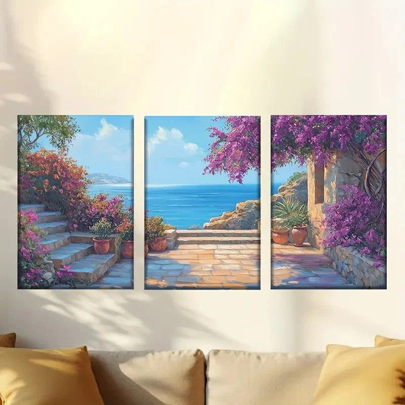 3pcs Coastal Scene with Purple Flowers & Stone Wall 40x60cm - High Quality Print 100% Australian Made Wall Canvas Ready to Hang - Bella Home Decor